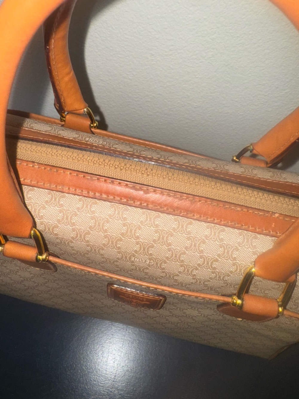 Celine Beige Monogram Macadam Boston Bag with Tan Leather Trim - Picture 4 of 16